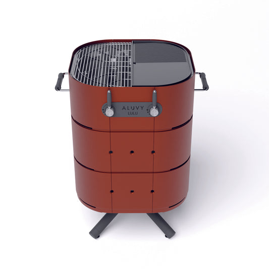 Barbecue design gaz lulu marron cuir avec grille et plancha vue du dessus