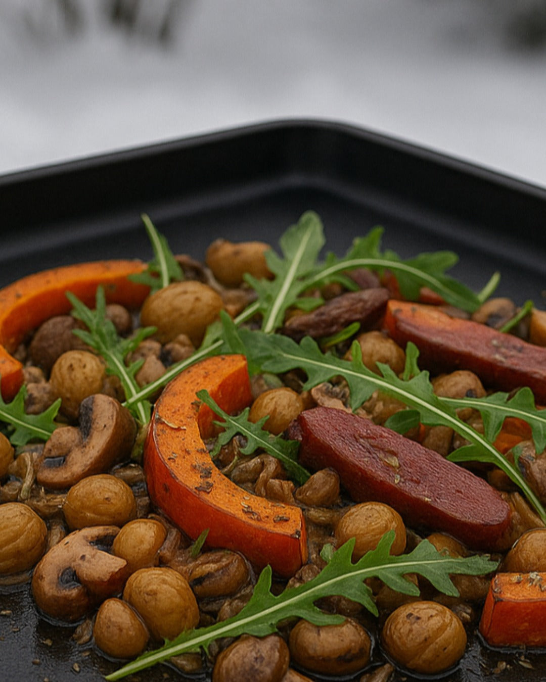 Légumes d'hiver à la plancha : potimarron, champignons, châtaignes et magret fumé