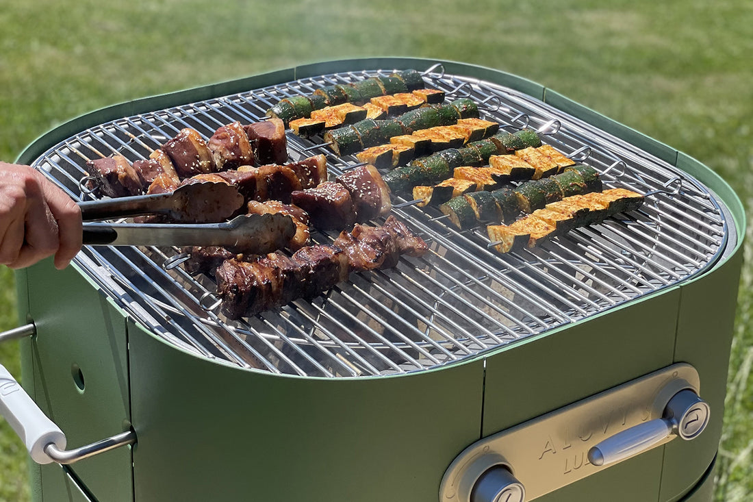 barbecue LULU vert réséda avec brochette de viandes
