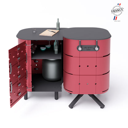 Meuble de cuisine d'extérieur gauche et barbecue LULU collection Basalte Framboise avec porte ouverte et bonbonne de gaz