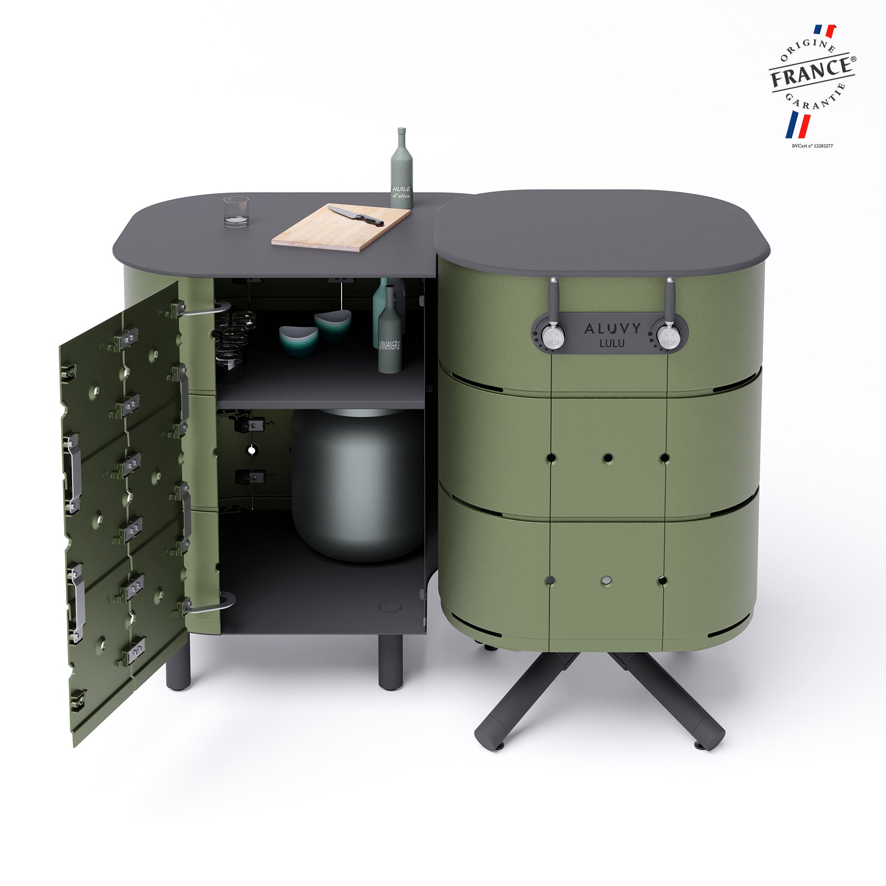 Meuble de cuisine d'extérieur gauche et barbecue LULU collection Basalte Kaki avec porte ouverte et bonbonne de gaz