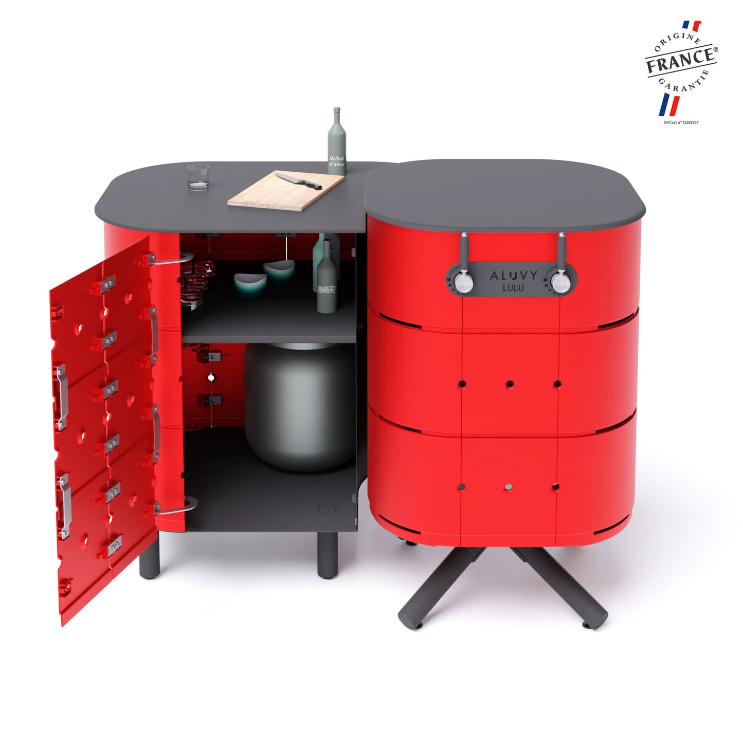 Meuble de cuisine d'extérieur gauche et barbecue LULU collection Basalte Piment avec porte ouverte et bonbonne de gaz
