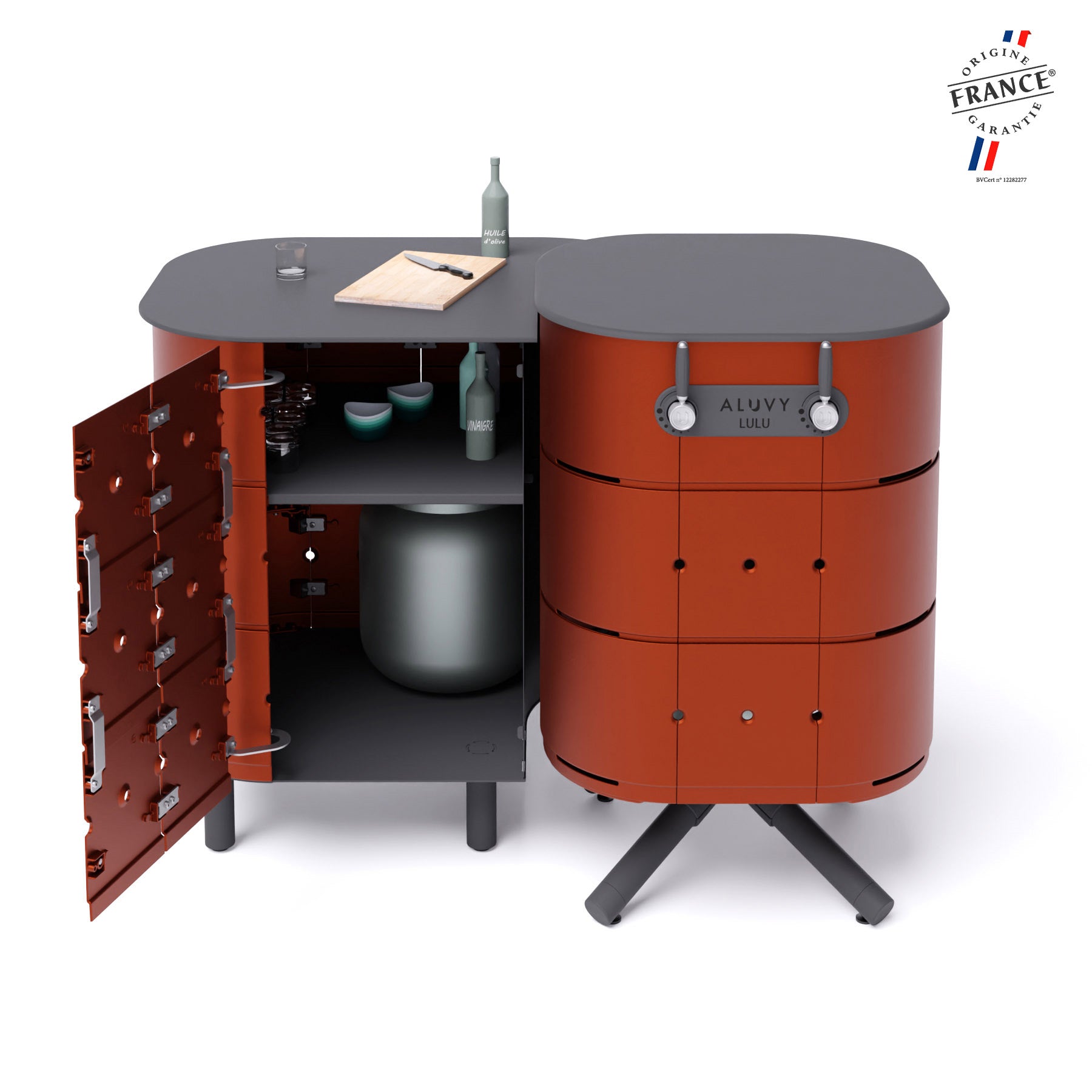 Meuble de cuisine d'extérieur gauche et barbecue LULU collection Basalte Terracotta avec porte ouverte et bonbonne de gaz